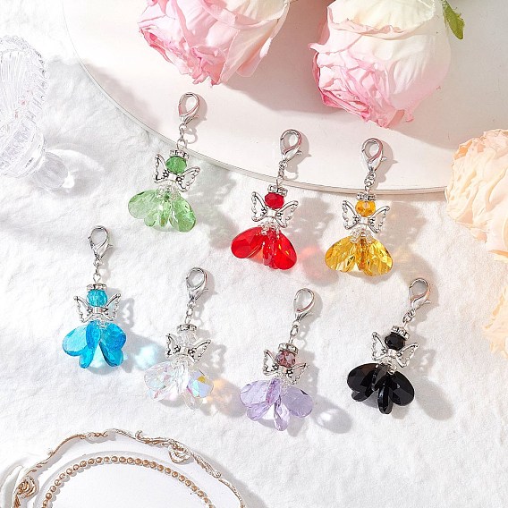 7Pcs Angel Glass Pendant Decorations, with Zinc Alloy Lobster Claw Clasps