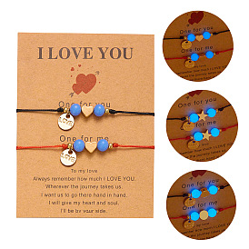 2 шт. 2 цвет сплава набор браслетов с подвесками в виде слова «любовь», Светящиеся в темноте регулируемые браслеты для пар из бисера