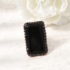 Natural Obsidian Cuff Open Rings, Rectangle, Brass Rings, Red Copper