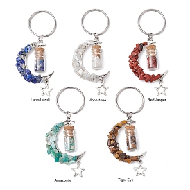 5Pcs 5 Styles Natural Lapis Lazuli & Red Jasper & Amazonite & Tiger Eye & White Moonstone Keychain, with 304 Stainless Steel Clasps, Moon, Wish Bottle