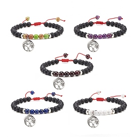 Alloy Tree of Life Charm Bracelet, Natural Gemstone & Lava Rock Braided Adjustable Bracelet for Women