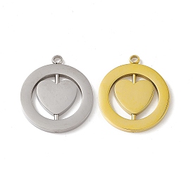 304 Stainless Steel Turnable Pendants, Hollow, Flat Round with Heart Charm