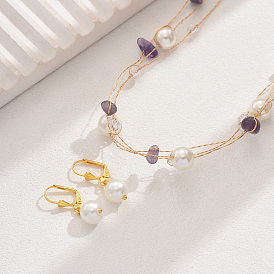 Elegant Round Glass Pearl & Natural Amethyst Chips Jewelry Set, Earrings & Multi Layer Necklaces for Women