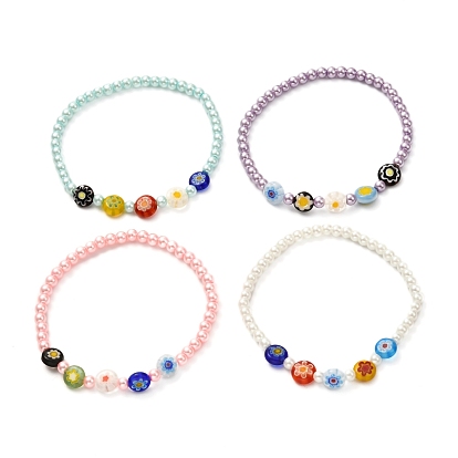 Millefiori Flat Round Beads Stretch Bracelet for Teen Girl Women, Round Pearlized Glass Beads Bracelet