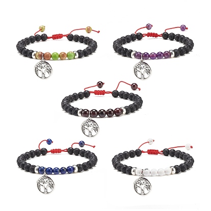 Charm-Armband mit Lebensbaum-Legierung aus Legierung, Geflochtenes, verstellbares Armband aus natürlichem Edelstein und Lavagestein für Damen