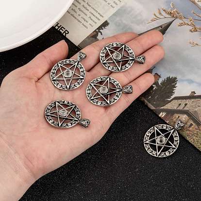 Vintage Men's 304 Stainless Steel Ring with Pentagram Star Pendants, Wicca Pendants, with Rhinestone and Resin, Antique Silver, 37x28x5mm, Hole: 6x3mm