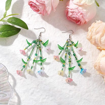 Болтающие серьги из стекла, цветок, с акрилом и ракушечным жемчугом