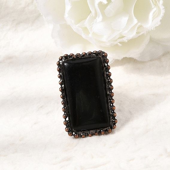 Natural Obsidian Cuff Open Rings, Rectangle, Brass Rings, Red Copper