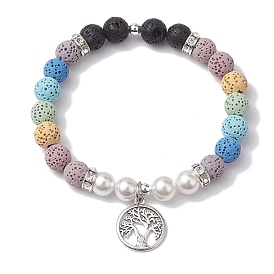 7-Color Natural Lava Rock & Shell Pearl Beaded Stretch Bracelets, Tree of Life Alloy Charm Bracelets for Women Men