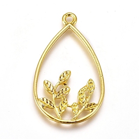 Zinc Alloy Open Back Bezel Pendants, For DIY UV Resin, Epoxy Resin, Pressed Flower Jewelry, Teardrop with Leaf