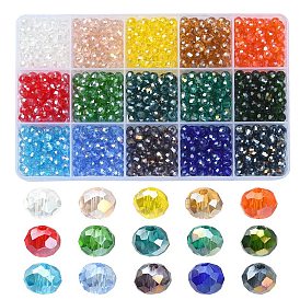 1200Pcs 15 Colors Electroplate Glass Beads Strands, AB Color Plated, Faceted, Rondelle