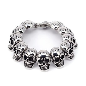 Halloween Skull 304 Stainless Steel Bracelets, with Lobster Claw Clasps, 8-5/8 inch(220mm)
