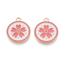 Colgantes de la aleación del esmalte, sin plomo y cadmio, ronda plana con encantos de flores, la luz de oro