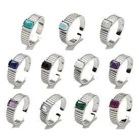 Natural Gemstone Adjustable Rings, with Platinum Brass Findings, Long-Lasting Plated, Jewely for Women, Rectangle