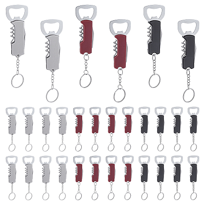30Pcs 3 Colors Stainless Steel & Carbon Steel Bottle Opener Keychains, with Multifunctional Folding Knife & Screw Corkscrew, Platinum
