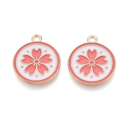 Colgantes de la aleación del esmalte, sin plomo y cadmio, ronda plana con encantos de flores, la luz de oro