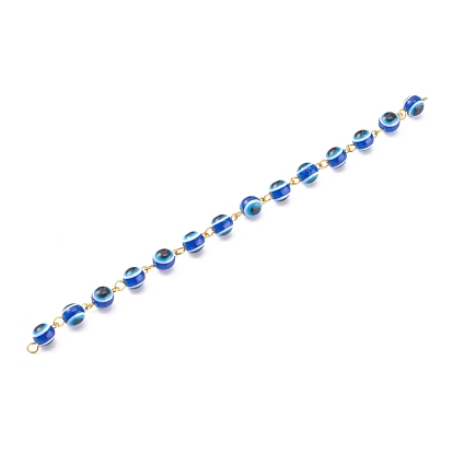 Handmade Beaded Chains, with Evil Eye Resin Beads and Iron Eye Pin, Golden