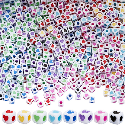960 шт 8 цвета непрозрачные акриловые бусины, Куб с сердцем