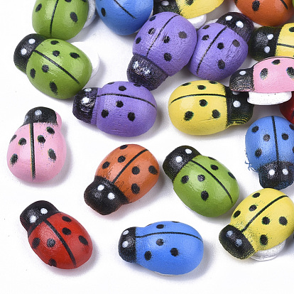 Cabochons aus Ahornholz sprühlackiert, gedruckt, mit doppelseitigem Kleber, Marienkäfer