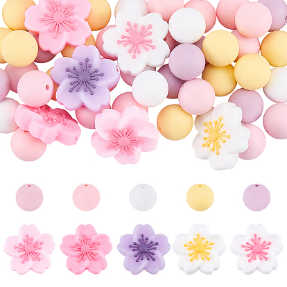 70Pcs 10 Styles Silicone Beads, Flower & Round, Focal Beads