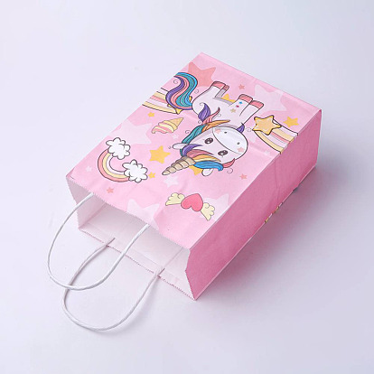 kraft Paper Bags, with Handles, Gift Bags, Shopping Bags, Rectangle, Unicorn Pattern