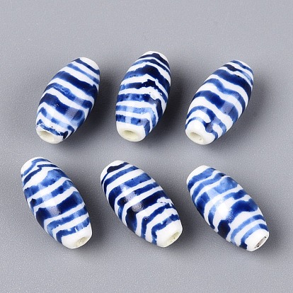 Фарфоровые бусины ручной работы, белый и голубой фарфор, пастельный фарфор, овальный с волнистым полосатым узором