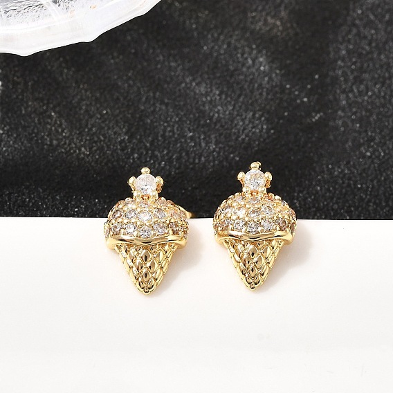 Серьги-гвоздики из латуни с микропаве из прозрачных кубических цирконий в виде мороженого, без кадмия и без свинца