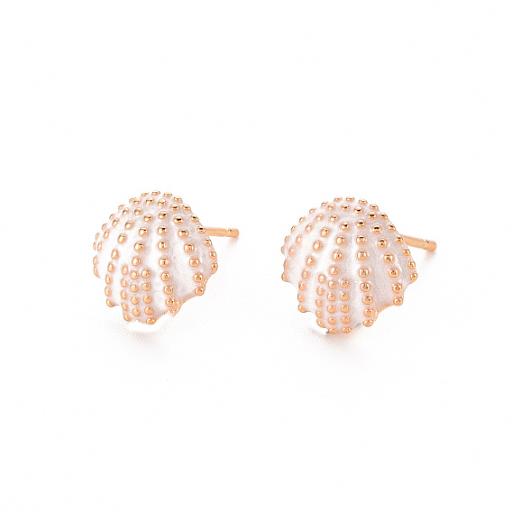 Brass Earring Findings, for Half Drilled Beads, with Enamel, Nickel Free, Real 18K Gold Plated, Shell