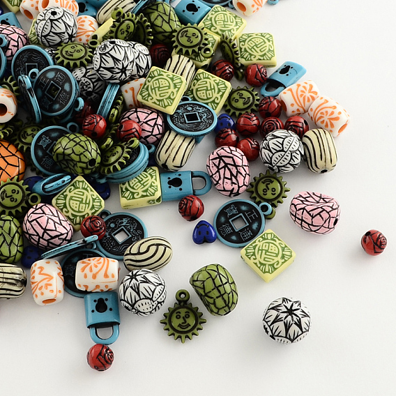 Mixed Antique Style Acrylic Beads/Pendants, 7~25x7~20x4~13mm, Hole: 1~4mm