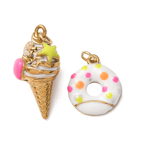 304 colgantes de acero inoxidable, con esmalte, dijes de helado/donas, revestimiento de iones (ip), dorado