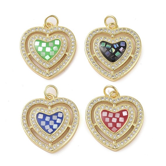 Brass Micro Pave Clear Cubic Zirconia Pendants, Cadmium Free & Lead Free, with Enamel and Shell & Jump Ring, Real 18K Gold Plated, Heart Charm