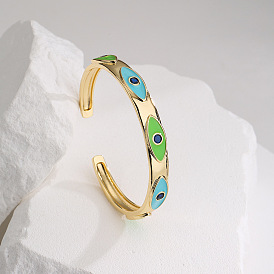 Bohemian Style Oil Drop Zircon Eye Bangle for Women, Copper Plated with Real Gold Open Cuff Bracelet