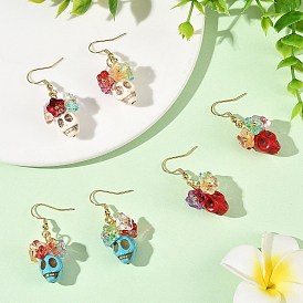 Glass & Synthetic Turquoise Beads Dangle Earrings, Skull with Flower, 304 Stainless Steel Dangle Earrings for Women, Light Gold