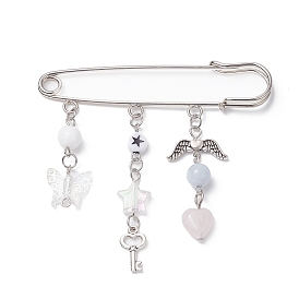 Natural Mixed Gemstone & Acrylic Butterfly & Wing Charms Safety Pin Brooch, Alloy Lapel Pin for Sweater Clasps Pant Waist Extender
