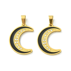 Ion Plating(IP) 304 Stainless Steel Pendants, with Enamel and Rhinestone, Real 18K Gold Plated, Moon Charm