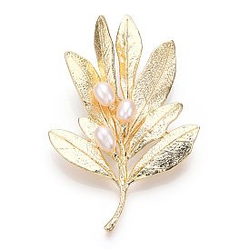 Natural Pearl Leaf Brooches for Women, Brass Pins