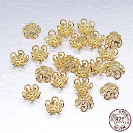 Real 18K Gold Plated 5-Petal 925 Sterling Silver Bead Caps, Flower, 10x4mm, Hole: 1mm, about 64pcs/20g