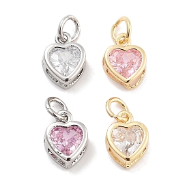 Brass Micro Pave Cubic Zirconia Pendants, Heart, with Jump Ring, Platinum/Real 18K Gold Plated