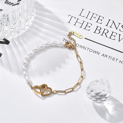 Ионное покрытие (ip) 304 браслеты из нержавеющей стали, скрепки цепочки украшения для женщин, с пластиковой жемчужины, сердце