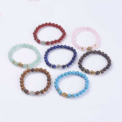Gemstone Beads Stretch Bracelets, with Alloy Finding, Buddha's Head