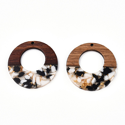 Transparent Resin & Walnut Wood Pendants, with Gold Foil, Donut Charms