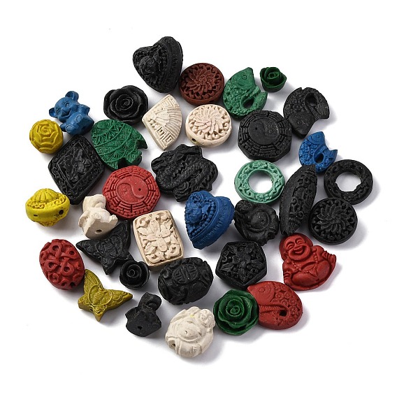 Киноварь бисера, резные лакированные, разноцветные