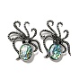 Natural Paua Shell/Abalone Shell Octopus Brooch, Alloy Pave Jet Rhinestone Sea Animal Pins, Antique Silver