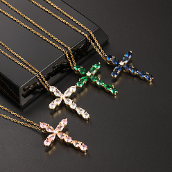 Colorful Zircon Water Drop Geometric Cross Necklace Pendant for European and American Religious Beliefs Clavicle Chain