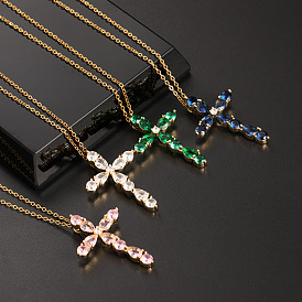 Collier pendentif croix géométrique goutte d'eau en zircon coloré, chaîne de clavicule pour croyances religieuses européennes et américaines