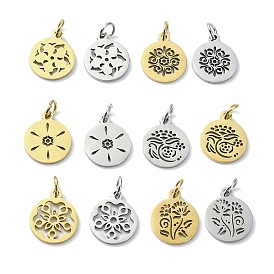 304 Stainless Steel Charms, with Jump Ring, Laser Cut, Flat Round with Flower Charms