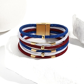 USA Flag Style Red Blue White Imitation Leather Cord Bracelets, with Brass Beads and Magnetic Clasps