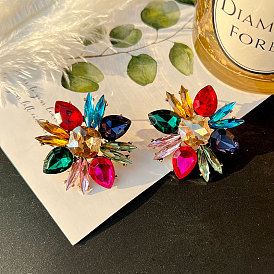 Exaggerated trend personality full inlaid colored diamond flower earrings niche design earrings female retro temperament earrings