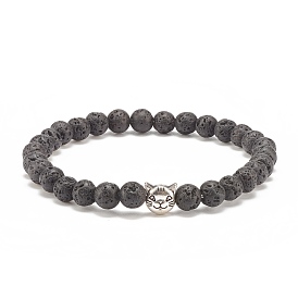 Natural Lava Rock Stretch Bracelet with Alloy Cat Beaded, Essential Oil Gemstone Jewelry for Women