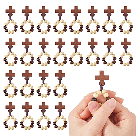 25Pcs Wood Cross & Round Beads Finger Rings, with Polyester Cord